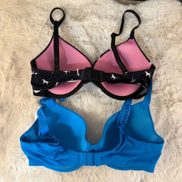 Set of 2 Victoria's Secret; Black Dog Print & Blue Push-Up Bras Sz 32D - Picture 6 of 6